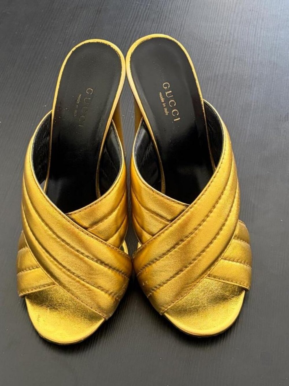 Gucci Webby gold metallic quilted leather criss-cross mules, EU 37.5 / US 7.5, m